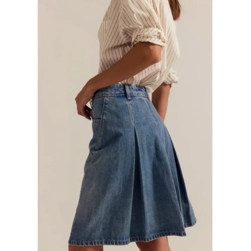 Free People Bohemian Retro 70s Yoko Pleated Denim Jean Skirt Size 31